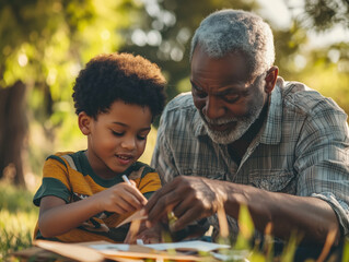 Smiling black grandfather old man teaching his happy grandson make some crafts in a summer garden country side on green blurred nature background