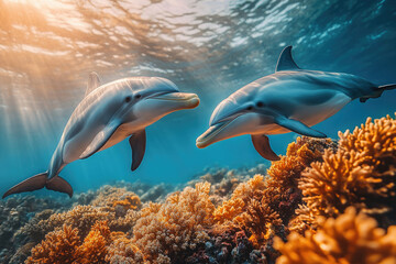 Fototapeta premium Two dolphins gracefully swim above a vibrant coral reef, bathed in sunlight.