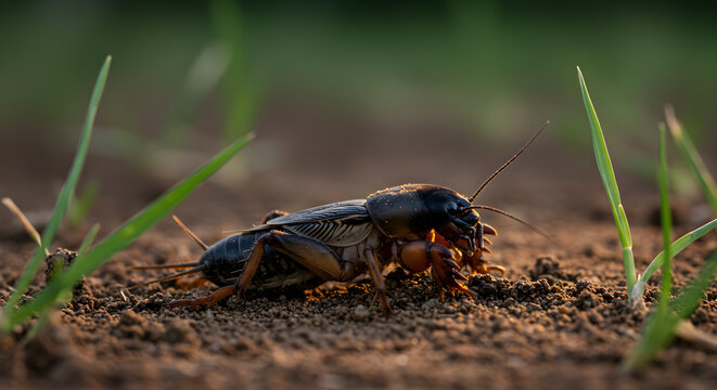 Detailed mole cricket portrait on earth with grass blades in soft light