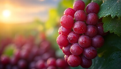 Close up of a cluster of ripe red grapes in sunlight