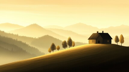 Obraz premium Serene landscape featuring a solitary house on a hill surrounded by mountains and trees at sunset
