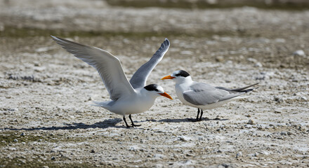 Fototapeta premium Elegant terns displaying courtship behavior on a desolate coastal habitat