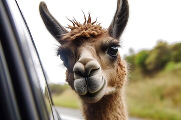 Fototapeta premium llama standing near car