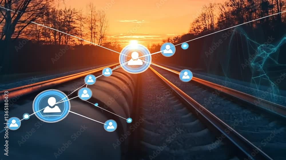 Poster pipeline and railway at sunset with network connections