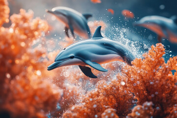 Fototapeta premium Dolphins leap playfully through vibrant coral reefs, showcasing underwater beauty and marine life's grace.