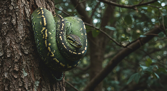 Emerald python gracefully coiling around the textured trunk of a forest tree