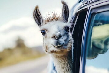 Obraz premium llama standing near car