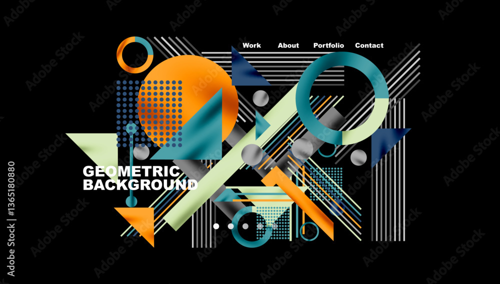 Poster Geometric Abstract Background with Bold Shapes and Contrasting Colors. Circles, triangles, squares and lines with shadow effect