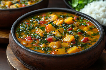 a Nigerian dish of egusi soup with pounded yam, featuring vibrant greens and spiced melon seeds, served in a traditional clay bowl with warm, inviting light