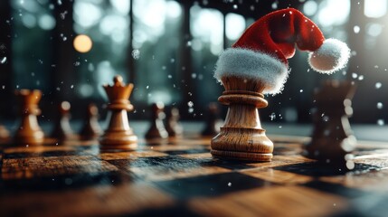 A close-up image of a chess pawn wearing a Santa hat captures the whimsy of blending chess with the festive spirit, creating a playful contrast on the traditional board.
