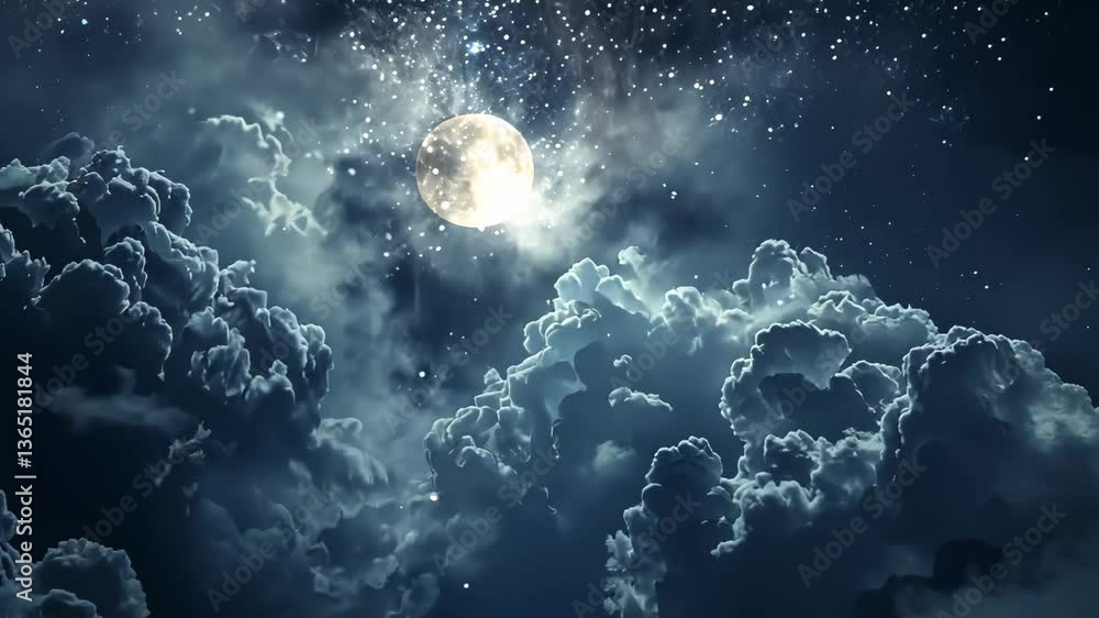 Poster starry night sky peeks through gaps in the clouds, creating a breathtaking celestial abstraction