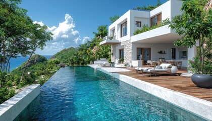 Fototapeta premium A luxurious modern house has an infinity pool by the ocean