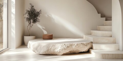 Stone Display Platform with Plant and Stairs in Modern Interior