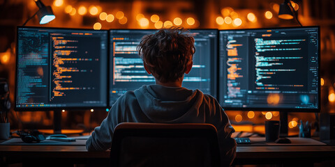 a teenage coder working on a project, sitting in a cozy workspace with multiple monitors displaying code, glowing digital graphics, and a clear area on the right for text