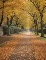Fototapeta premium Walking Path Covered in Autumn Leaves with Trees Showing Fall Colors