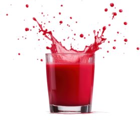 Vibrant red juice splash in a clear glass on black background, cut out