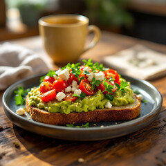 avocado toast on a rustic wooden table. The toast is made with whole grain bread, topped with mashed avocado, cherry tomatoes, feta cheese, and a sprinkle of sesame seeds.