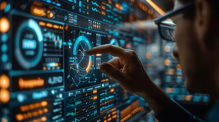 Businessman in profile pointing to a glowing circular gauge on a large electronic dashboard displaying complex financial statistics suitable for a technology marketing banner.