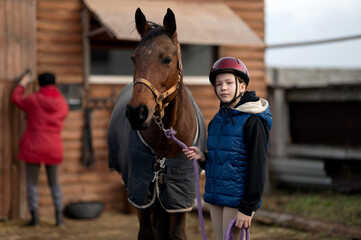 Brown horse and young girl with blanket near wooden stable. Child holds purple lead rope and gently...