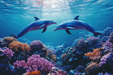 Fototapeta premium Two dolphins gracefully swim above a vibrant coral reef, a scene of underwater beauty and harmony.