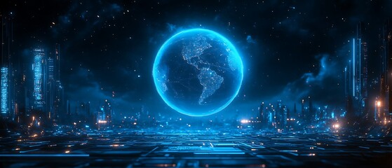 Obraz premium Futuristic cityscape with a glowing translucent earth in the center