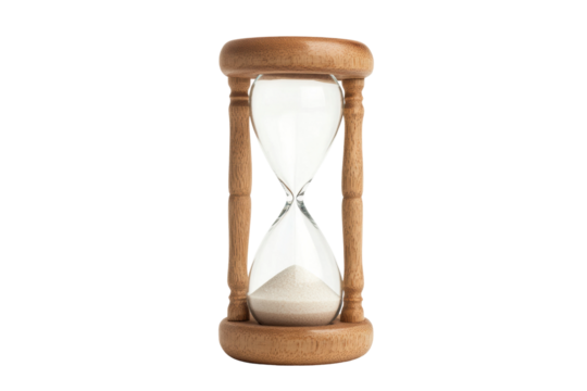 Wooden hourglass with flowing sand on black background symbolizing time and patience, cut out