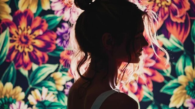 Backlit silhouette of a young woman in front of a flowery wallpaper.