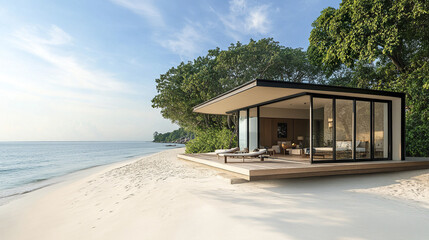 Fototapeta premium modern Thai beach hut with glass doors and minimalist design