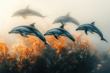 Obraz premium A pod of dolphins gracefully swims through sunlit ocean waters, over a bed of vibrant orange seaweed.