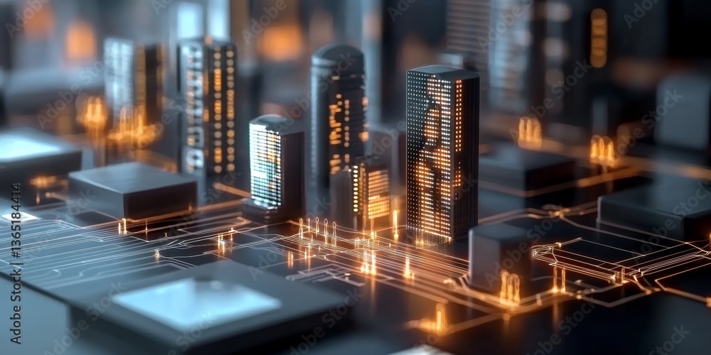 Poster digital cityscape showcasing advanced technology with illuminated architecture and circuit designs d