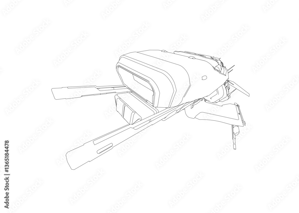 Poster a black and white drawing of a spaceship with a white background. the drawing is of a futuristic loo