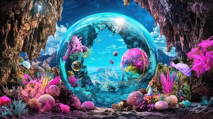 A surreal underwater scene with a large crystal ball at its center, surrounded by vibrant marine life and fantastical elements.