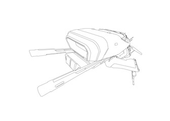 A black and white drawing of a spaceship with a white background. The drawing is of a futuristic looking spaceship with a pointed nose and a large wing