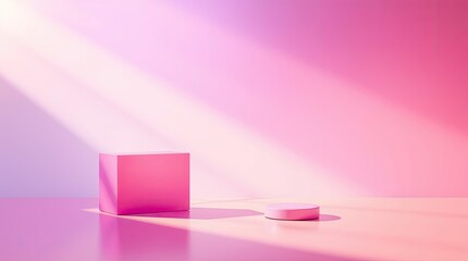 Pink cube and cylinder podium in vibrant light setting