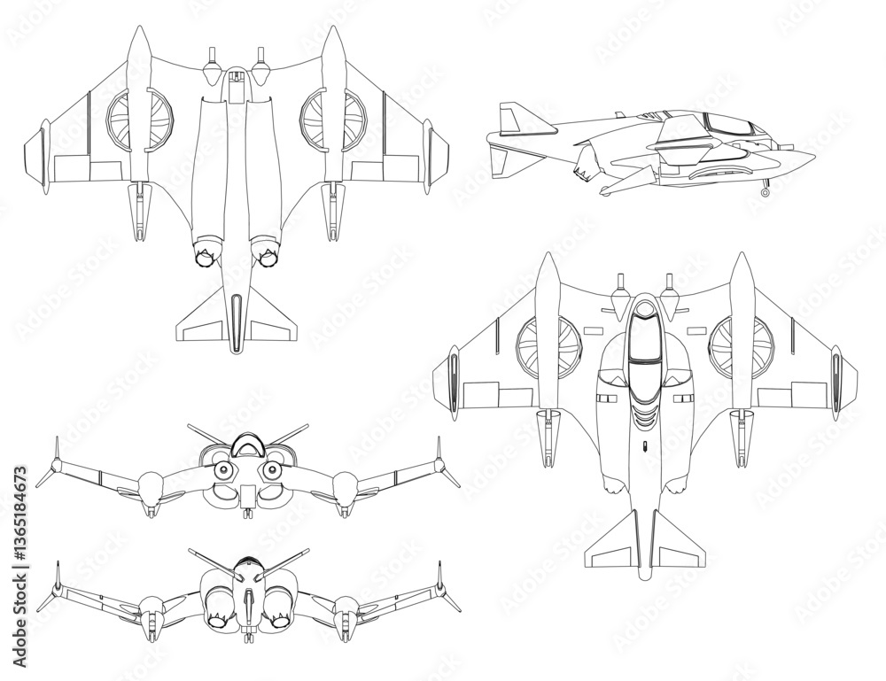 Poster a drawing of a combat fighter with a wing on the side. the plane is shown in different angles