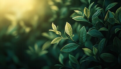 Lush green tea leaves bathed in sunlight