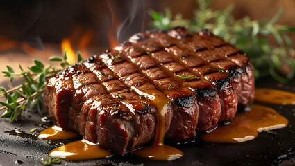 Perfectly Grilled Steak with Herbs and Rich Sauce for Gourmet Dining