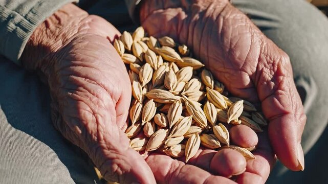 Close-up of a senior holds handful some wheat grains during harvesting.