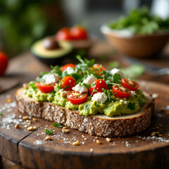 The toast is made with whole grain bread, topped with mashed avocado, cherry tomatoes, feta cheese, and a sprinkle of sesame seeds.