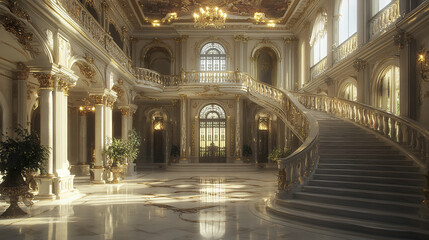 Obraz premium grand classic interior with intricate ceiling fresco and elegant staircase