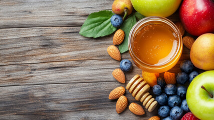 Fototapeta premium Healthy assortment of fresh fruits and nuts on wooden table for natural living