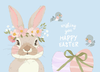 Happy Easter Greeting Card with Cute Bunny and Easter Eggs