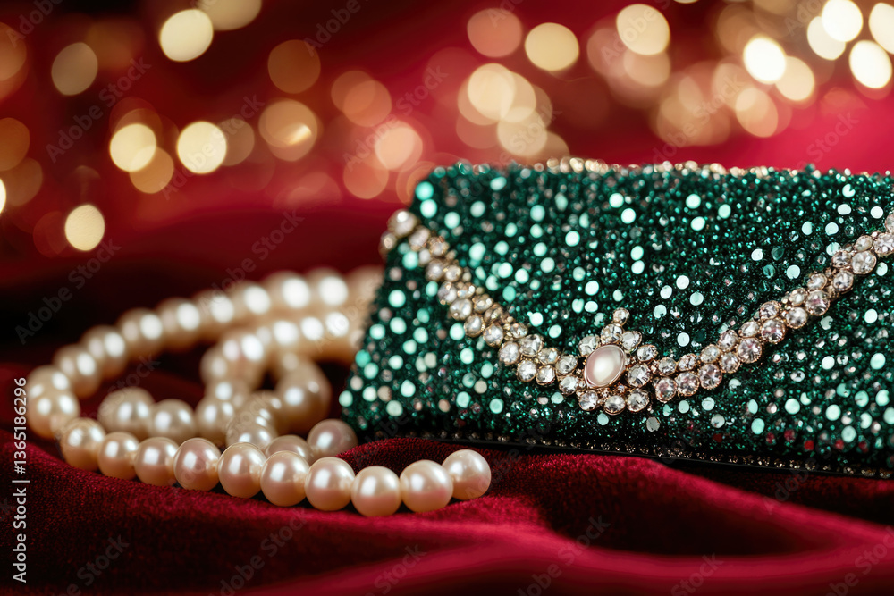 Poster Elegant emerald clutch embellished with diamonds and pearls rests on a red velvet surface, surrounded by festive bokeh.