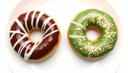 donut, frosting, sprinkles, green, brown, white, colorful, circular, pastry, dessert, sweet treat, glazed, vibrant, contrasting colors, overhead view, food photography, high detail, sharp focus