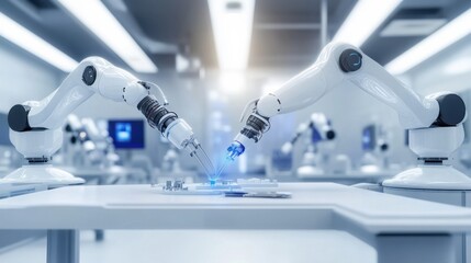 An advanced robotic medical lab where robotic arms are assembling personalized medical treatment robots, AI-driven systems adapting each unit for individual patient needs, High-tech style