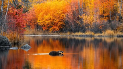 Fototapeta premium Wild Beaver in River with Autumn Colors Reflected in Water, Wildlife Nature Photography 