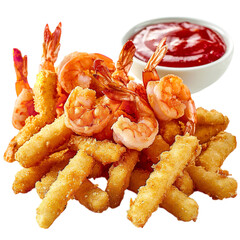 Breaded Fried Shrimp and Fish Sticks PNG – Crispy Seafood Appetizer with Dipping Sauce for Culinary Branding