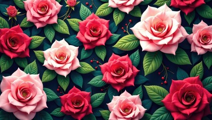 Naklejka premium Intricate repeating rose pattern, lush blooms & leaves , floral repeat, classic
