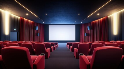 A modern cinema interior featuring red seating, a large projection screen, and elegant lighting, creating a cozy atmosphere for movie viewing.