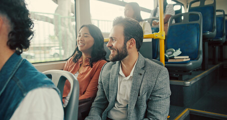 Bus, travel and people with smile, chatting and public transportation with city service. Men, women...